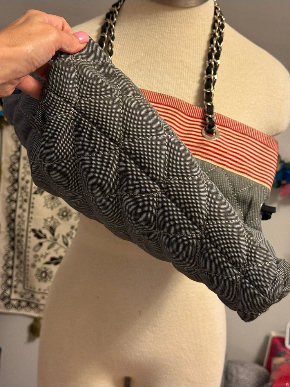 Chanel Gray Denim CC with White and Red 🇺🇸Stripe Quilted Tote 👜